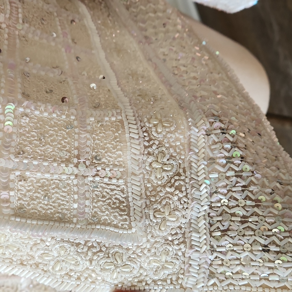 Vintage Cream Beaded Sequin Jacket Pearl Bridal Mob Wife Aesthetic Evening Top - Picture 3 of 5